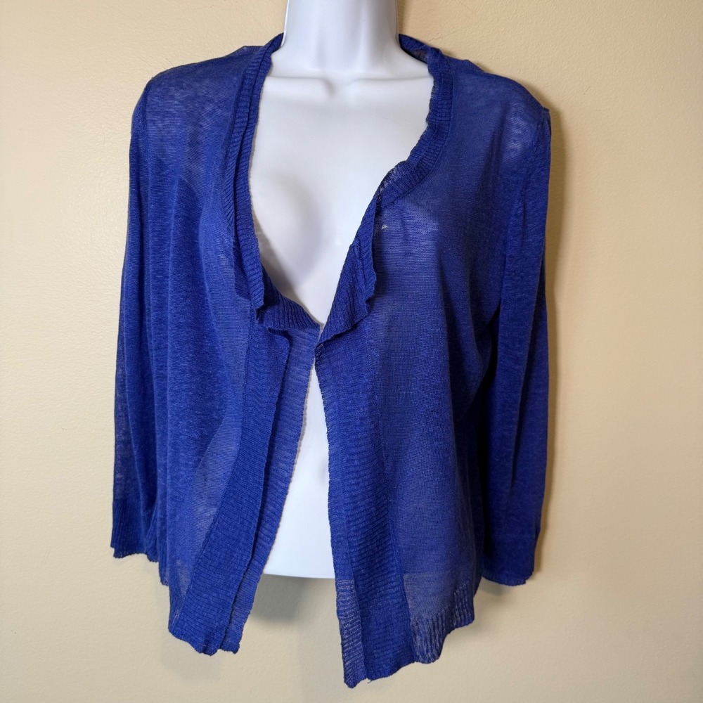 NIC+ZOE Blue Linen Blend Open Front Light Cardigan Sweater Petite Medium PM